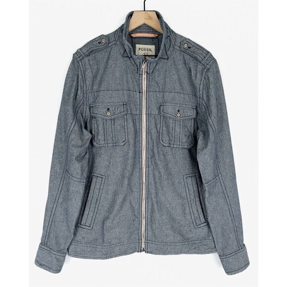 Fossil Jacket Mens‎ Large Blue Chambray Full Zip Lightweight Classic Neutral NEW - Picture 1 of 16